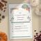 A bookmark notecard featuring fall leaves in muted colors of peach, teal, mauve, and gray. Fields in a table allow you to take notes.